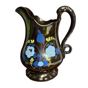 Victorian Allertons Longton Copper Lusterware Jug Pitcher Floral Swan Handle